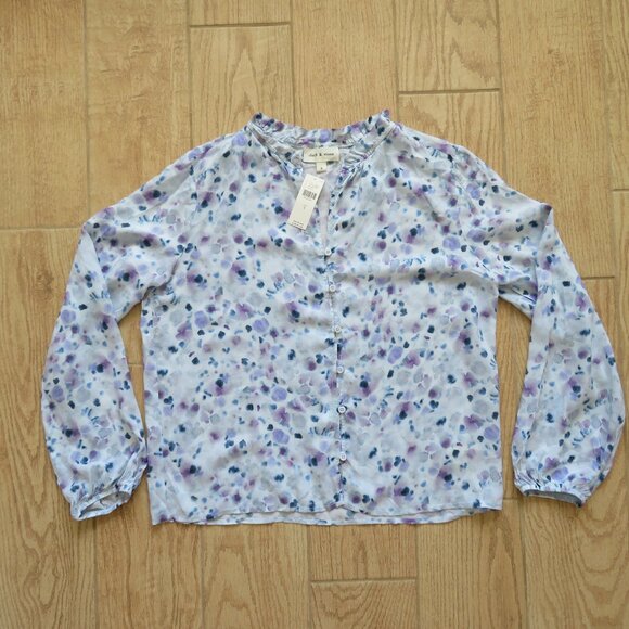 NWT Anthropologie Cloth & Stone Blue Pattern Rayon Button Down Blouse Top Size S - Picture 7 of 8